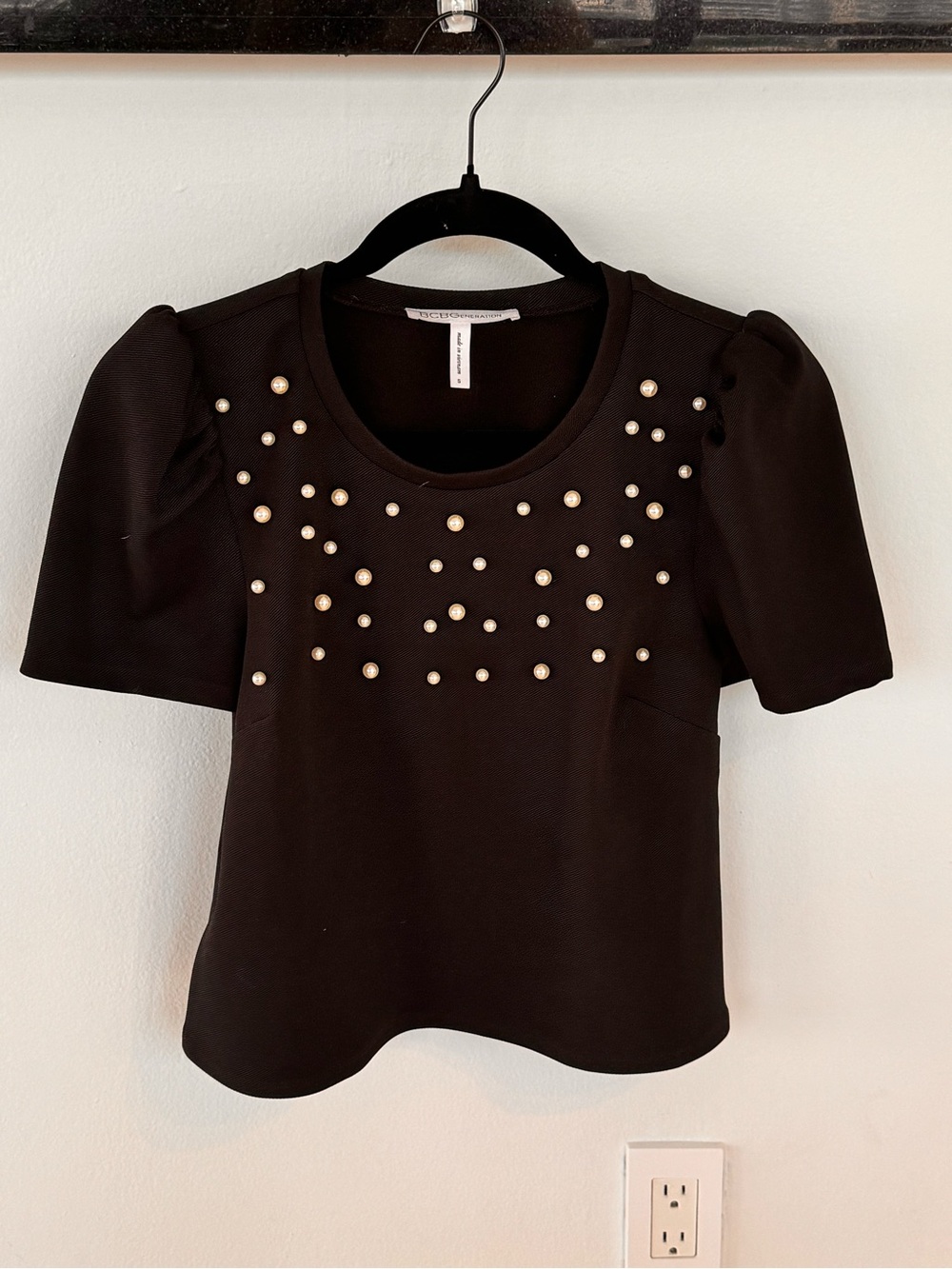 BCBGeneration Black Pearl-Embellished Puff Sleeve Top